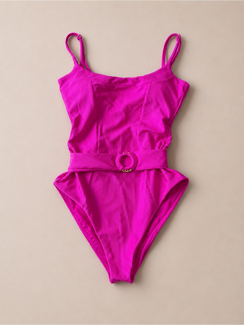 Becca Swim Ribbed Belted One Piece Swimsuit Pink Medium NWOT